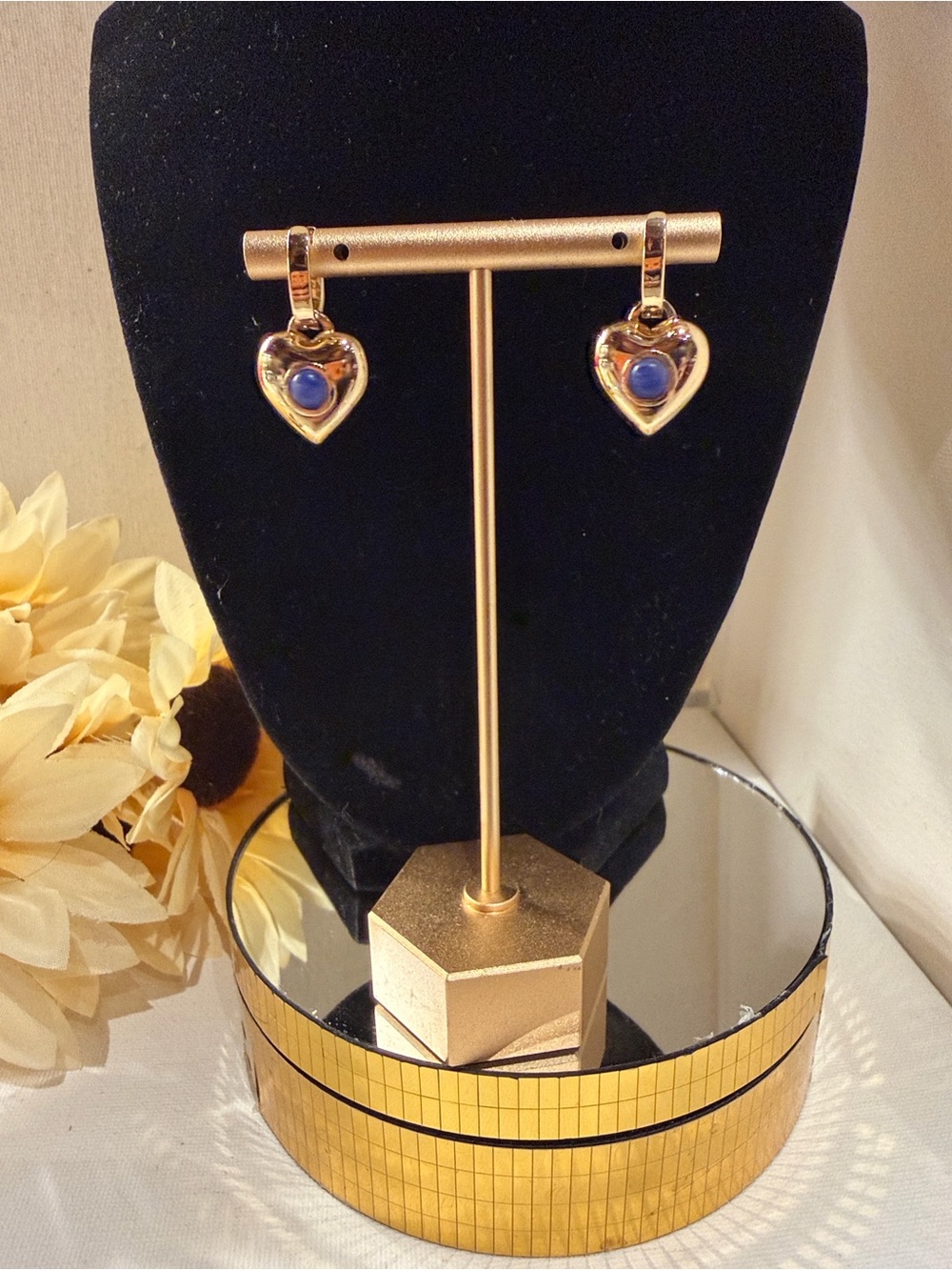 Roxanne Assoulin Gold Heart Hoop Earrings with Blue Lapiszuli Center. NEW